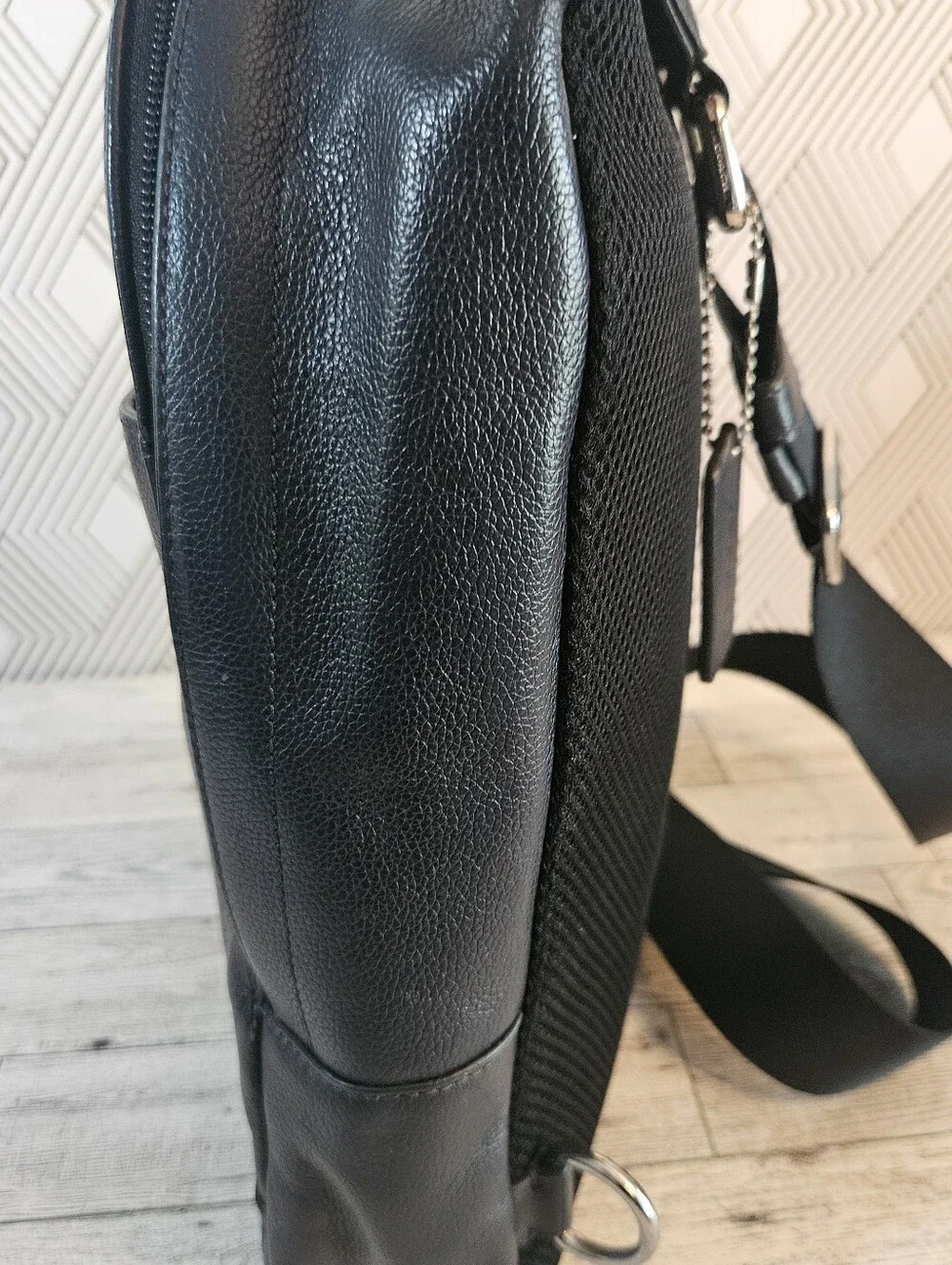 Coach F72226 Charles Pack Varsity Leather Sling Crossbody Bag Black Blue Stripe